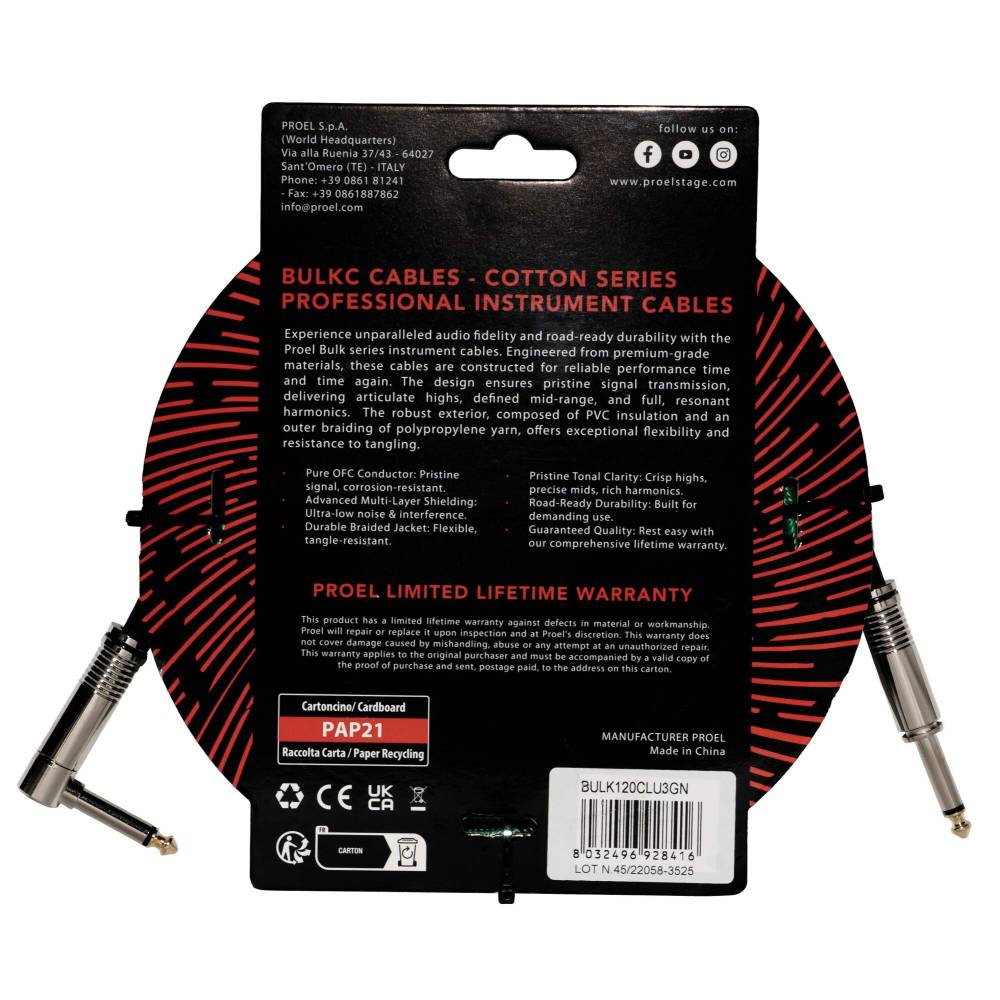 Proel BulkC Cotton Series Instrument Cable - Green and Black 3m