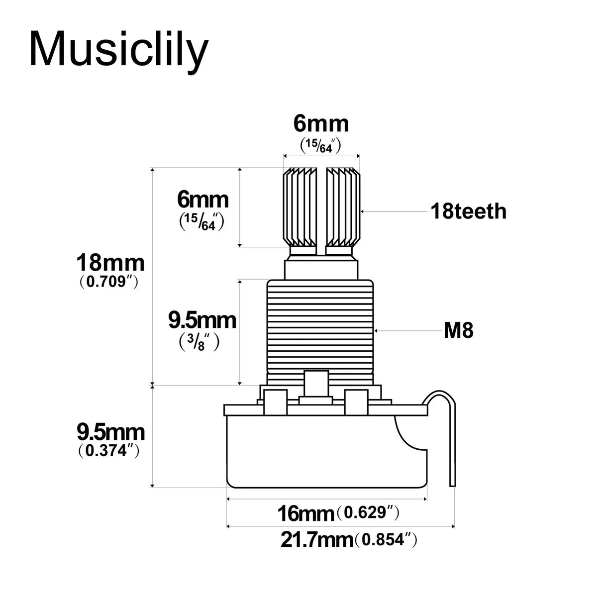 Musiclily Pro HD Linear (Lin) Brass Medium Split Shaft Mini 250k Pot
