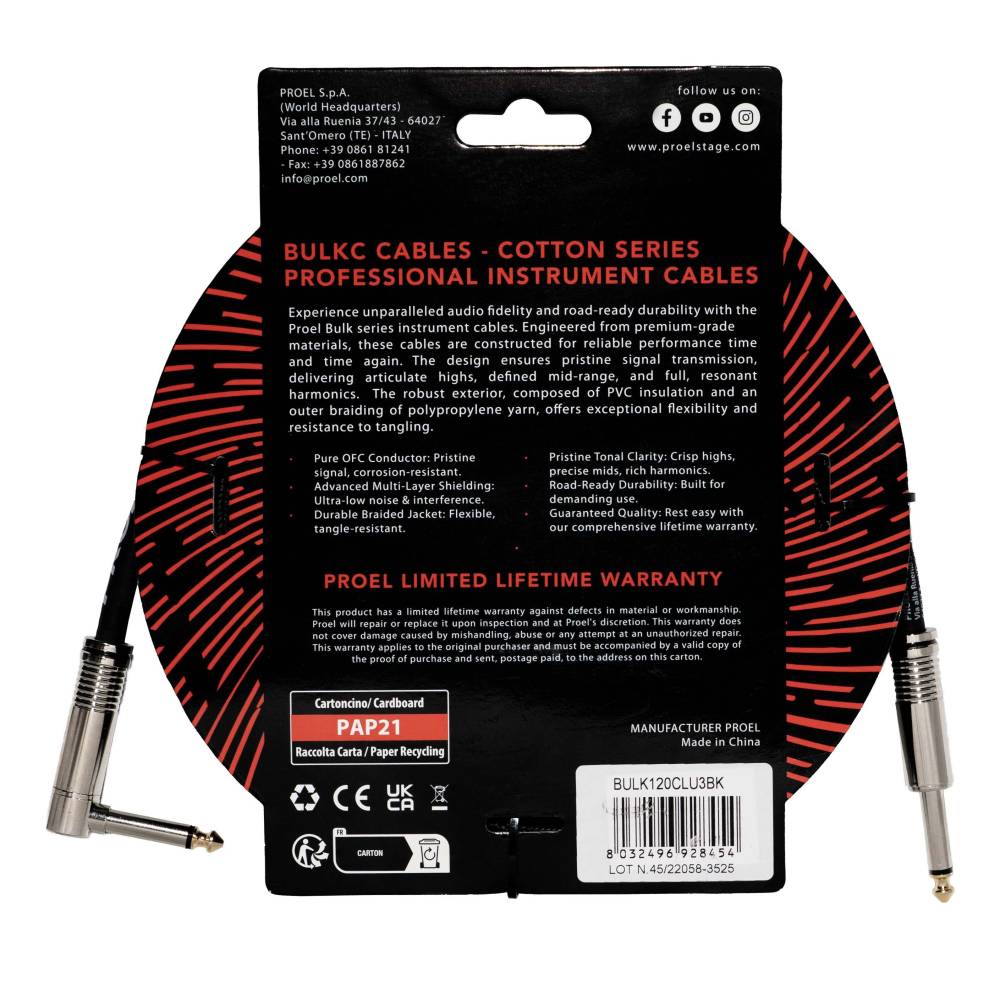 Proel BulkC Cotton Series Instrument Cable - Black 3m