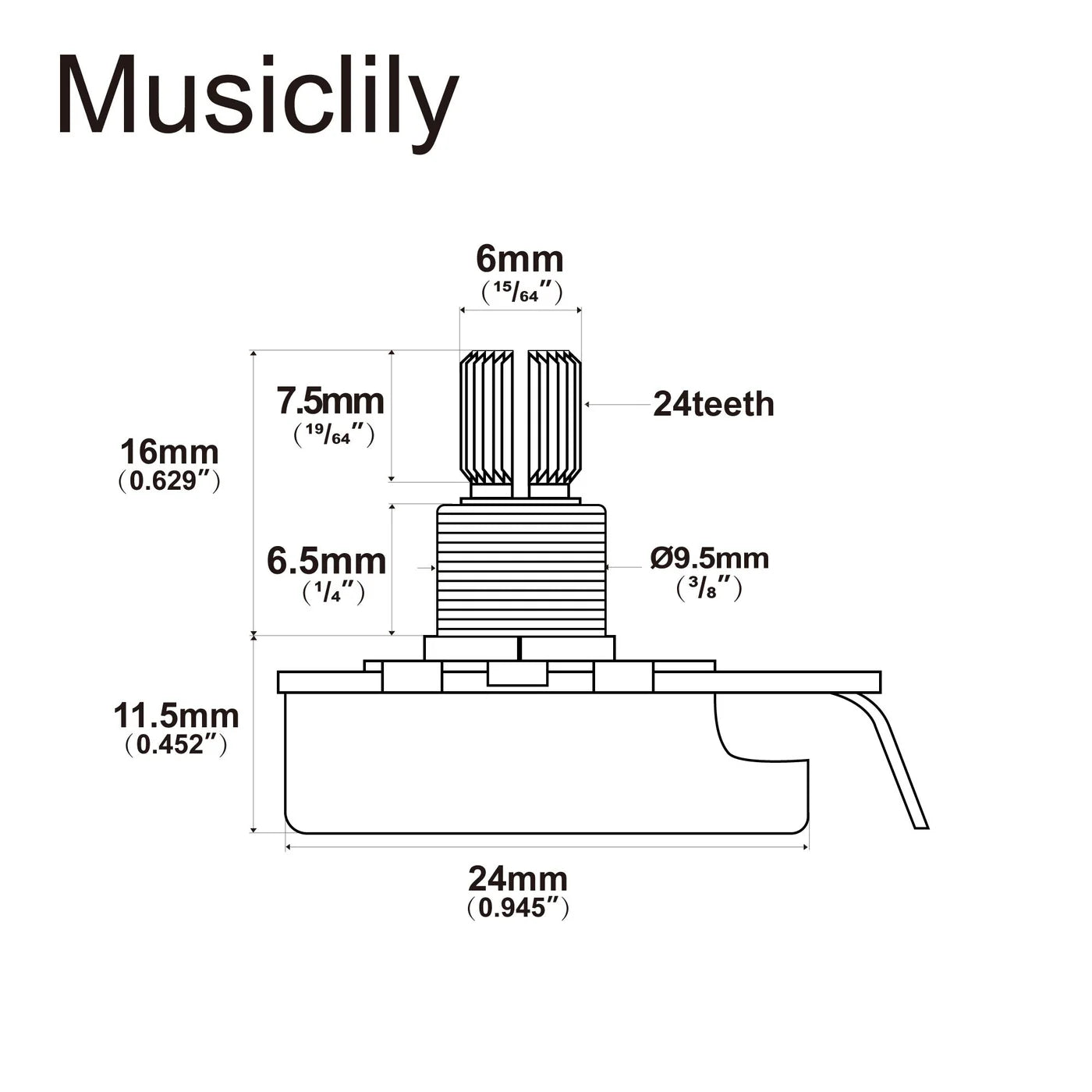 Musiclily Pro HD Audio (Log) Brass Imperial Short Split Shaft 250k Pot