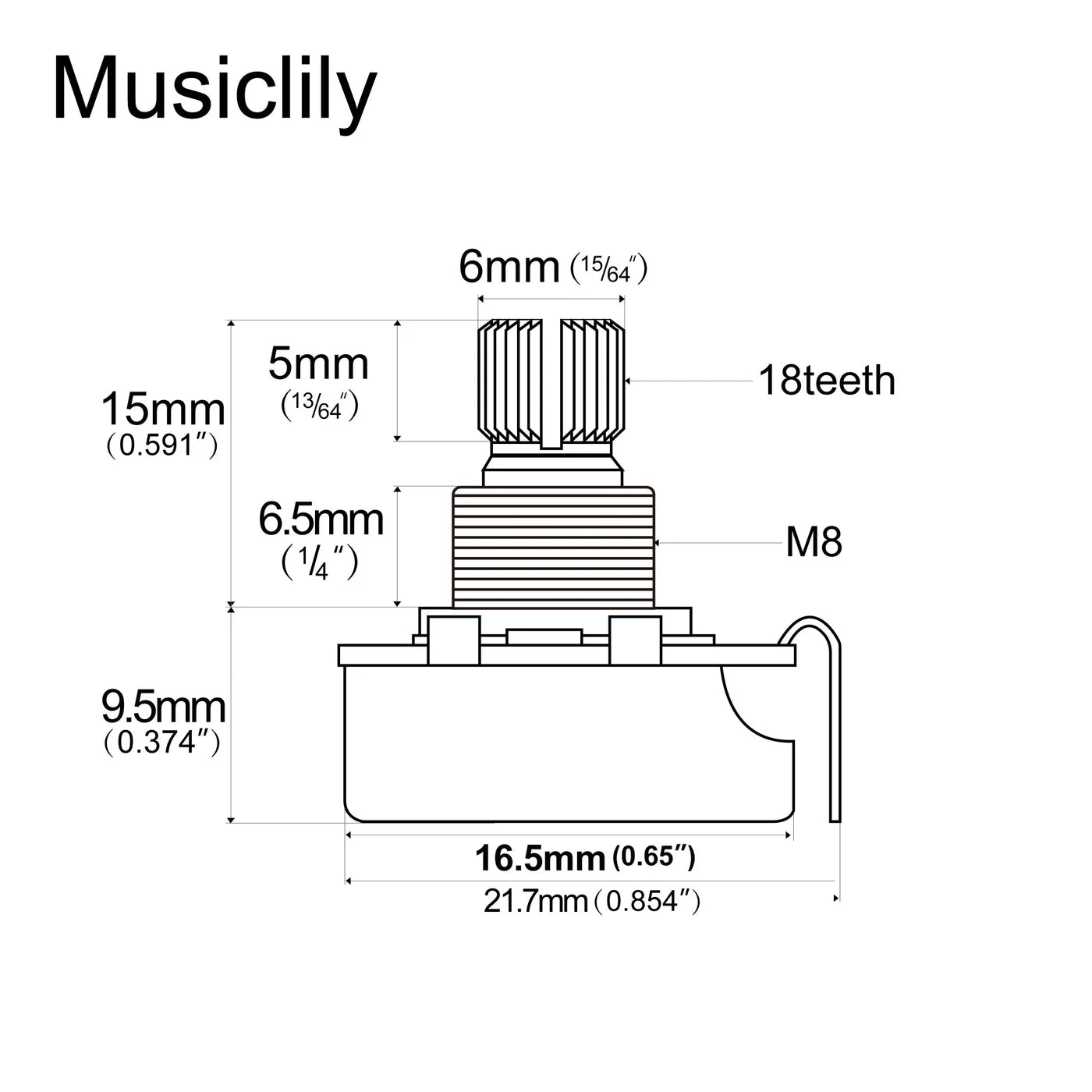Musiclily Pro HD Linear (Lin) Brass Short Split Shaft Mini A250k Pot