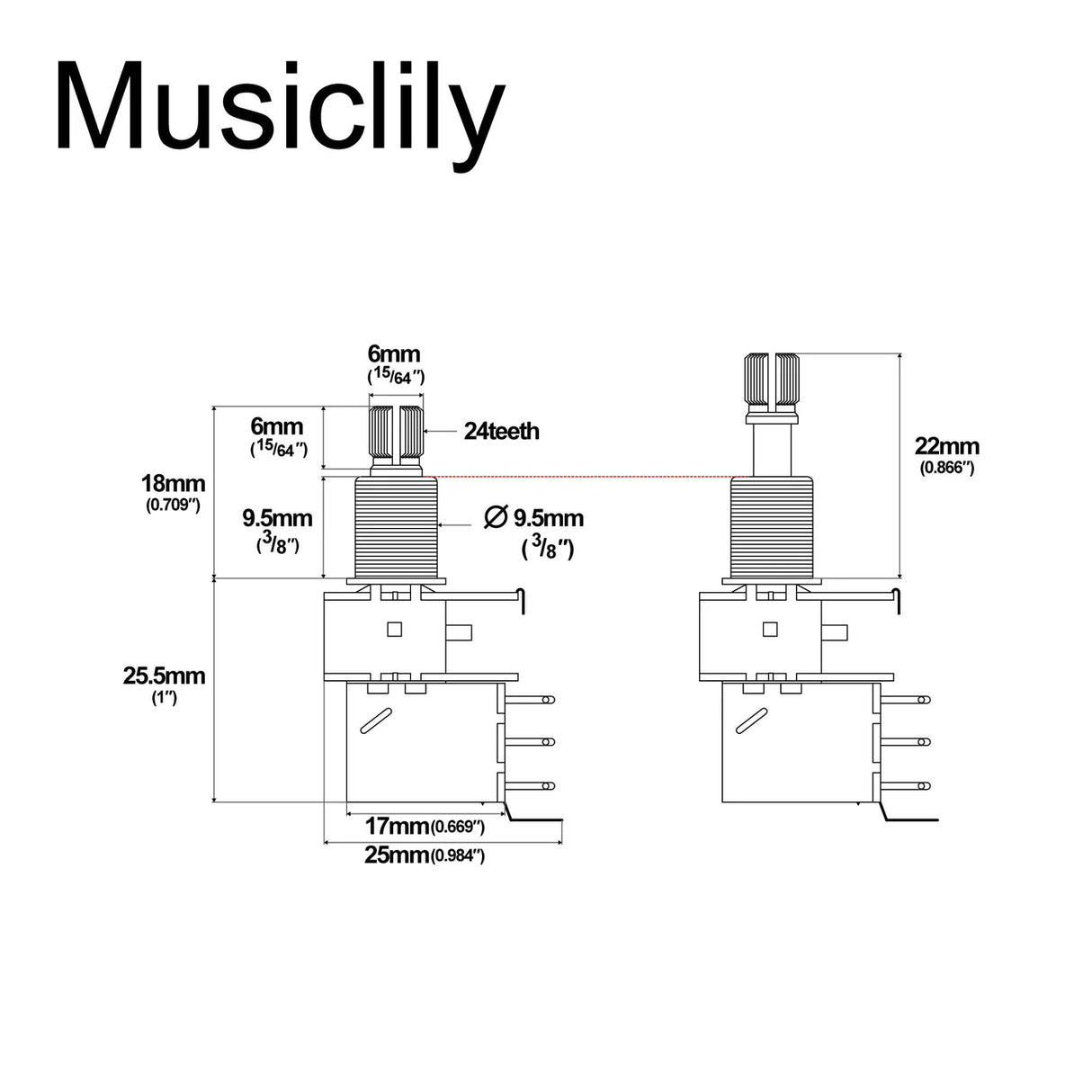 Musiclily Pro Push Pull Audio (Log) Imperial Split Shaft 250k Pot