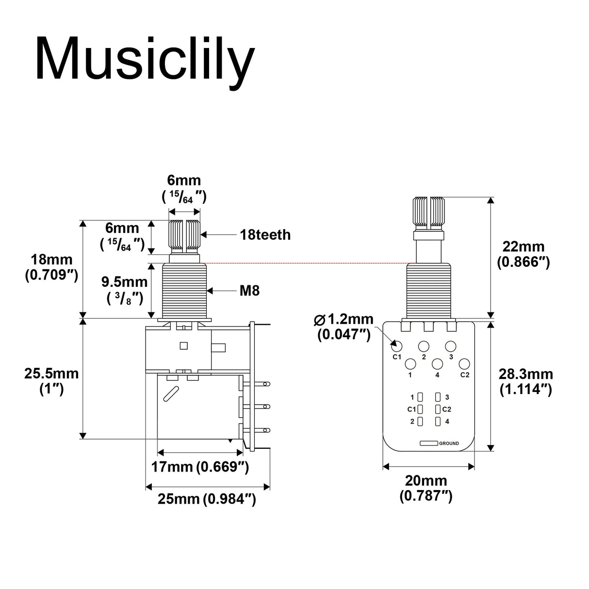 Musiclily Pro Push Pull Audio (Log) Medium Split Shaft 250K Pot
