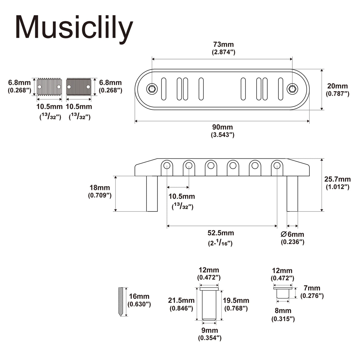 Musiclily Ultra BJ002 52.5mm Offset Bridge with Full Solid Brass Plate for Jazzmaster Jaguar Style Guitars