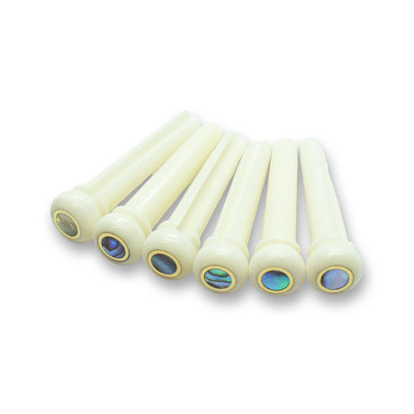 Bone Bridge Pins x6 (Bleached, Large Abalone Dot & Brass Ring) - Parts - WM Guitars